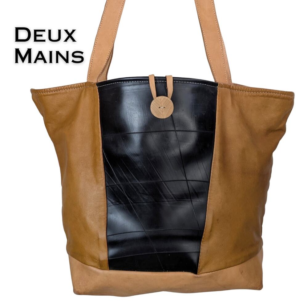 Deux Mains Leather Tote Bag Brown w/Black Recycled Panel Handmade Artisan Haiti